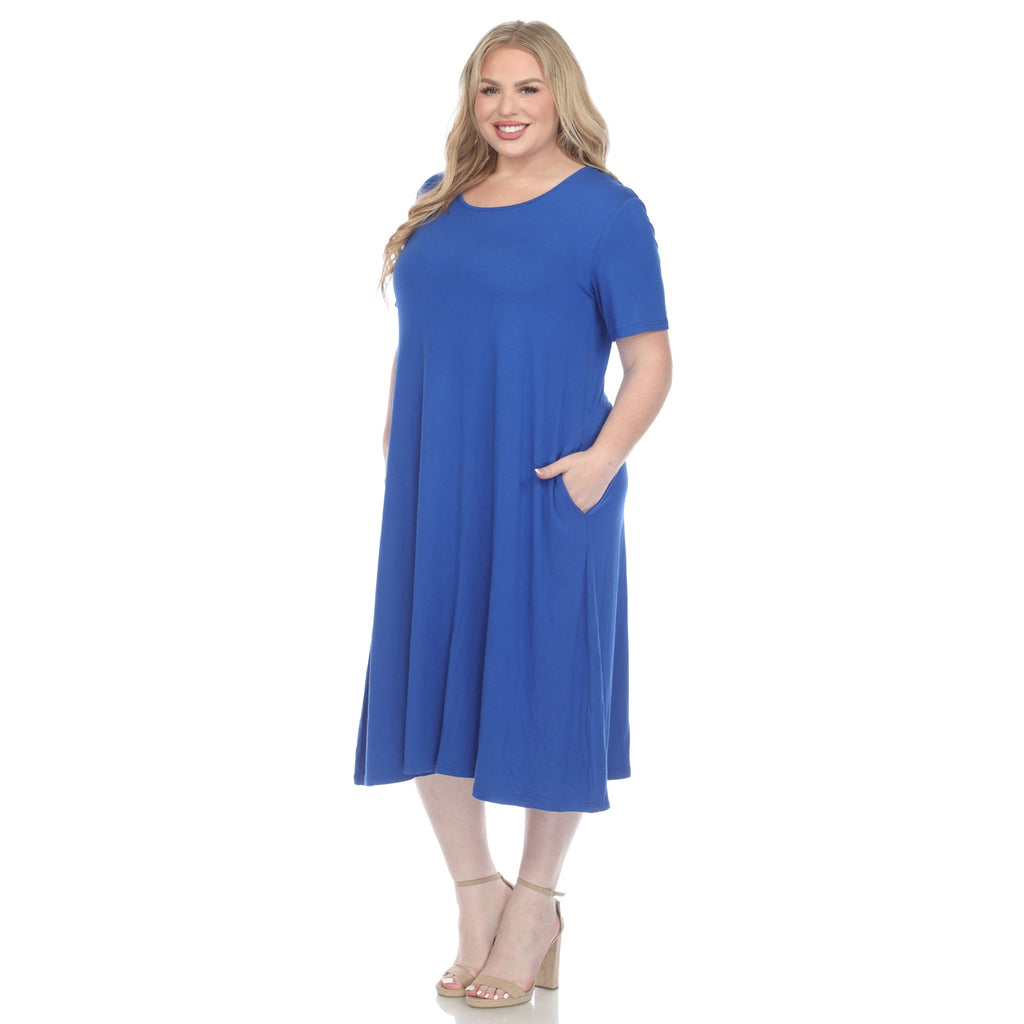 Short Sleeve Pocket Swing Midi Dress - Plus (7 Colors Available)