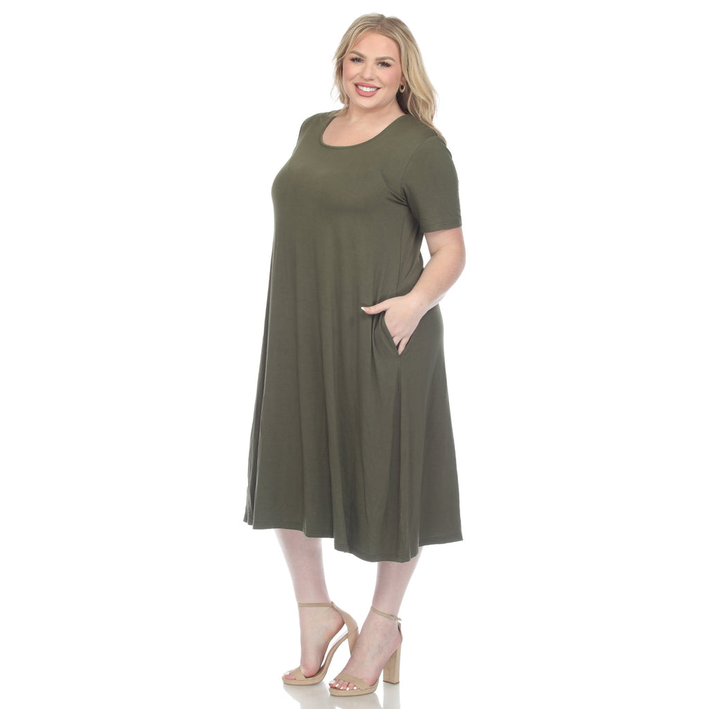 Short Sleeve Pocket Swing Midi Dress - Plus (7 Colors Available)