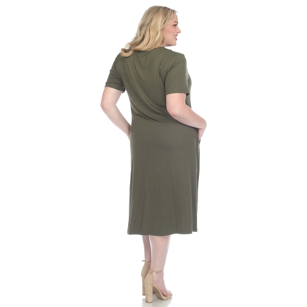 Short Sleeve Pocket Swing Midi Dress - Plus (7 Colors Available)