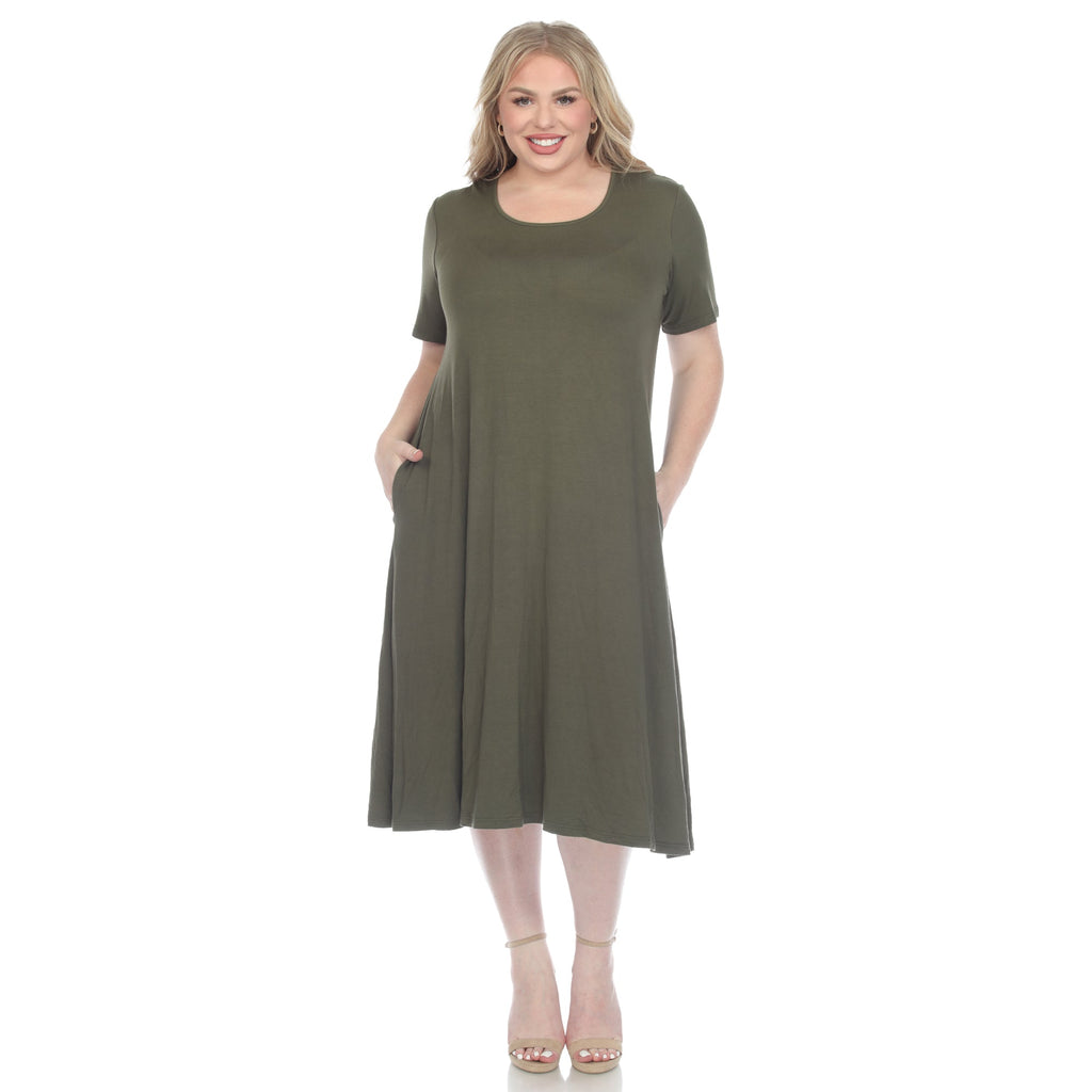 Short Sleeve Pocket Swing Midi Dress - Plus (7 Colors Available)