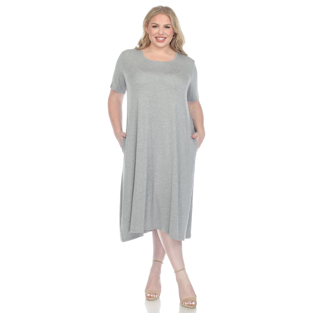 Short Sleeve Pocket Swing Midi Dress - Plus (7 Colors Available)