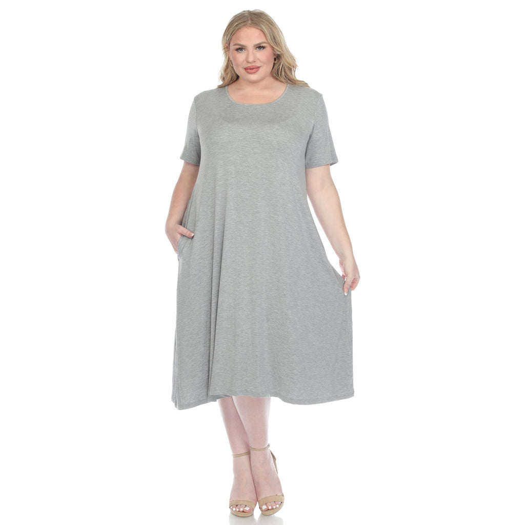 Short Sleeve Pocket Swing Midi Dress - Plus (7 Colors Available)