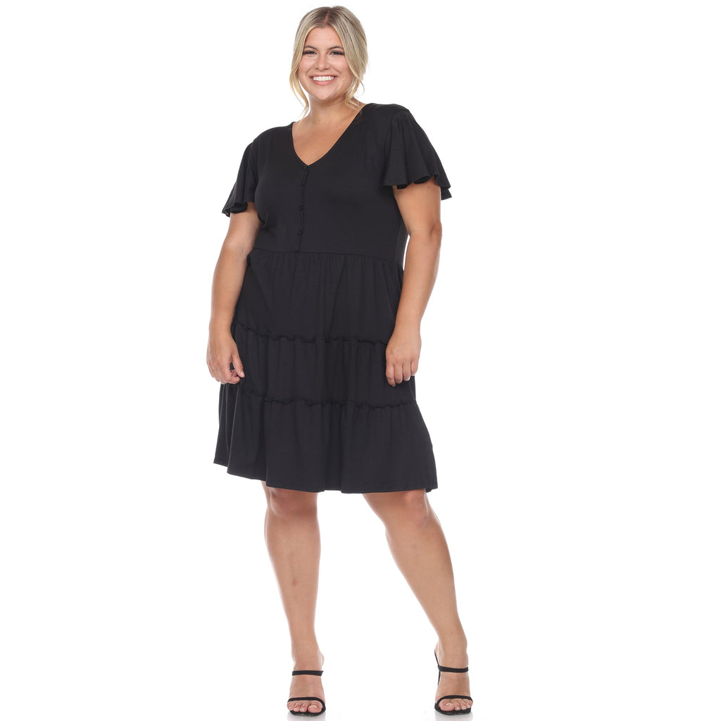 Short Sleeve V-neck Tiered Midi Dress - Plus (6 Colors Available)