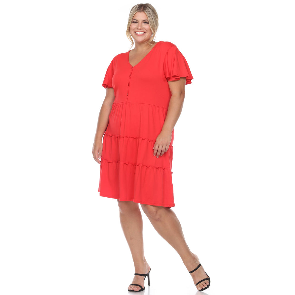 Short Sleeve V-neck Tiered Midi Dress - Plus (6 Colors Available)