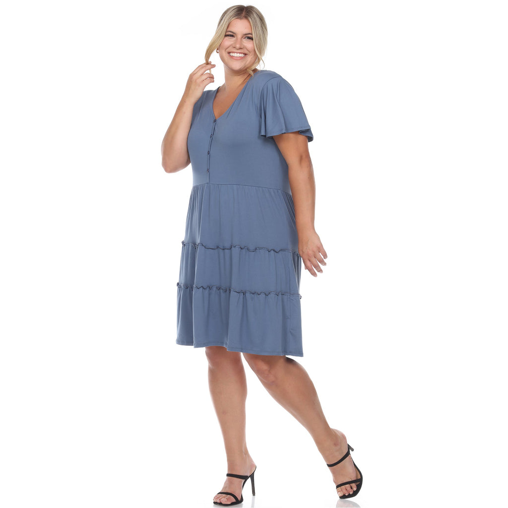 Short Sleeve V-neck Tiered Midi Dress - Plus (6 Colors Available)