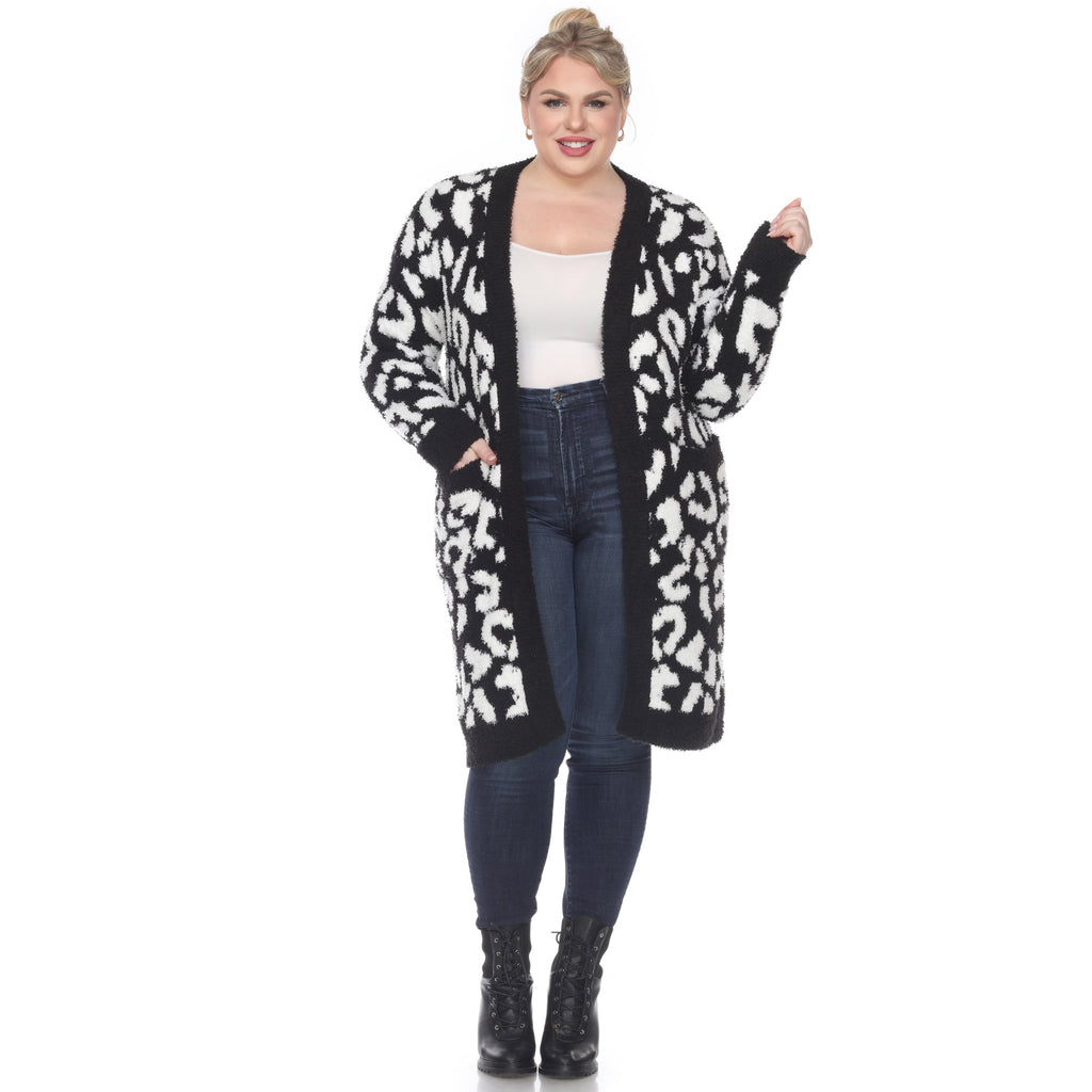 White Mark Women's Leopard Print Open Front Sherpa Coat - Plus