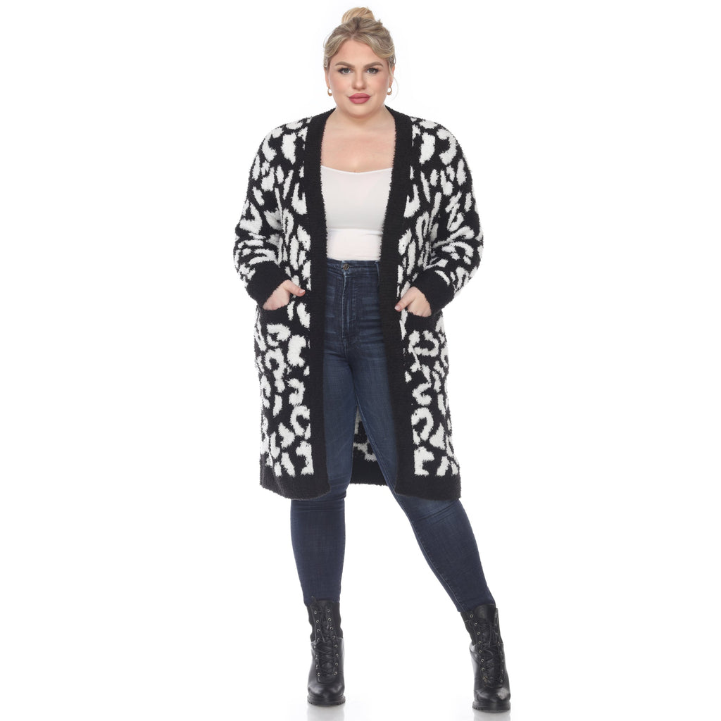 White Mark Women's Leopard Print Open Front Sherpa Coat - Plus