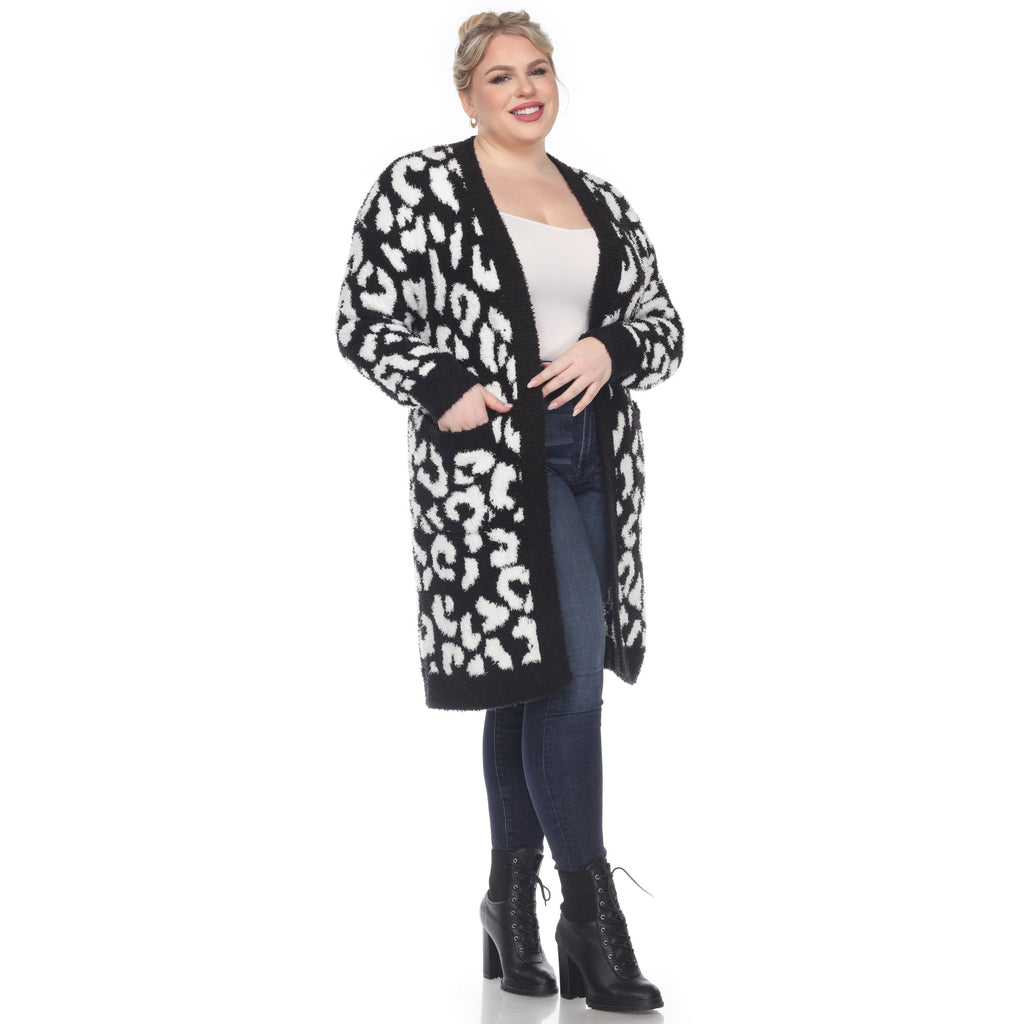 White Mark Women's Leopard Print Open Front Sherpa Coat - Plus