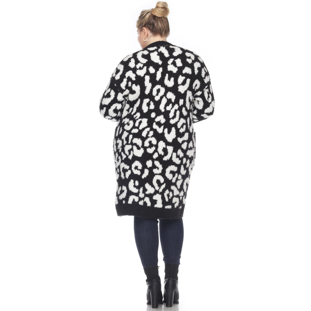 White Mark Women's Leopard Print Open Front Sherpa Coat - Plus