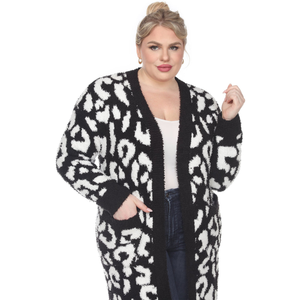 White Mark Women's Leopard Print Open Front Sherpa Coat - Plus