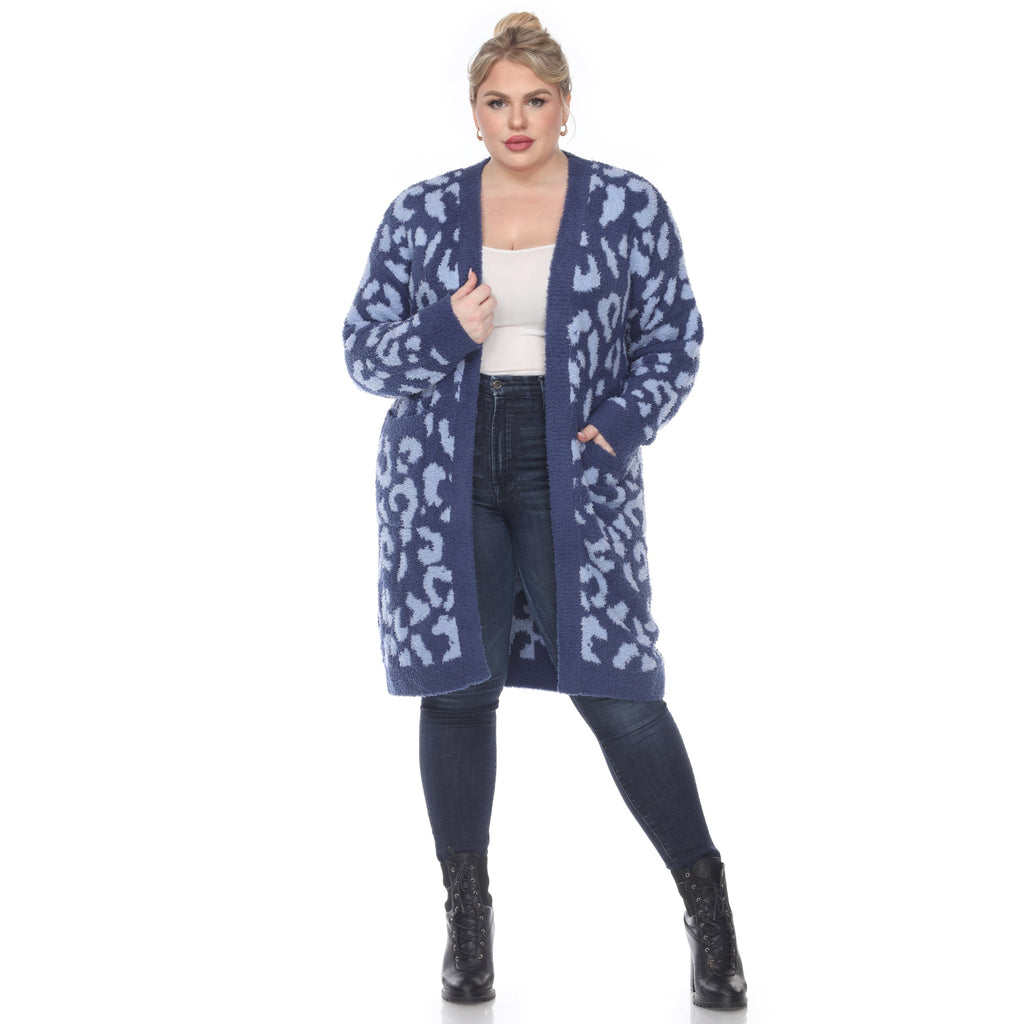 White Mark Women's Leopard Print Open Front Sherpa Coat - Plus