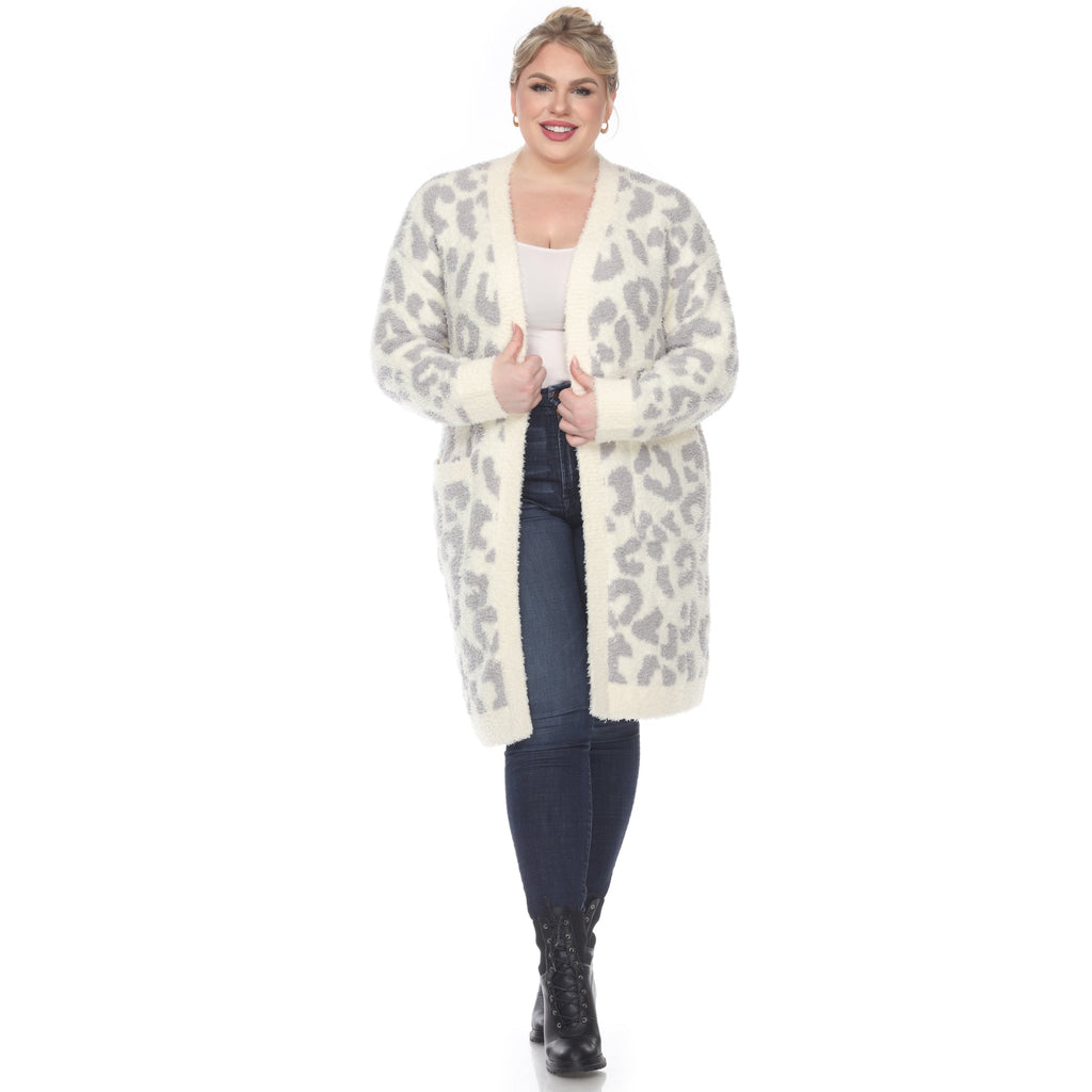 White Mark Women's Leopard Print Open Front Sherpa Coat - Plus