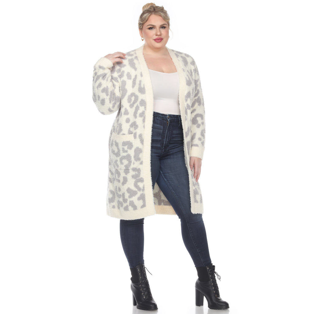 White Mark Women's Leopard Print Open Front Sherpa Coat - Plus