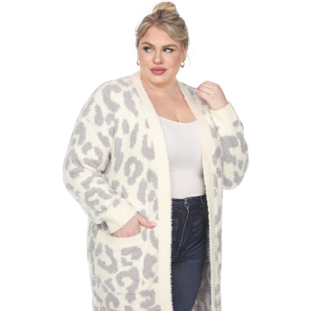 White Mark Women's Leopard Print Open Front Sherpa Coat - Plus