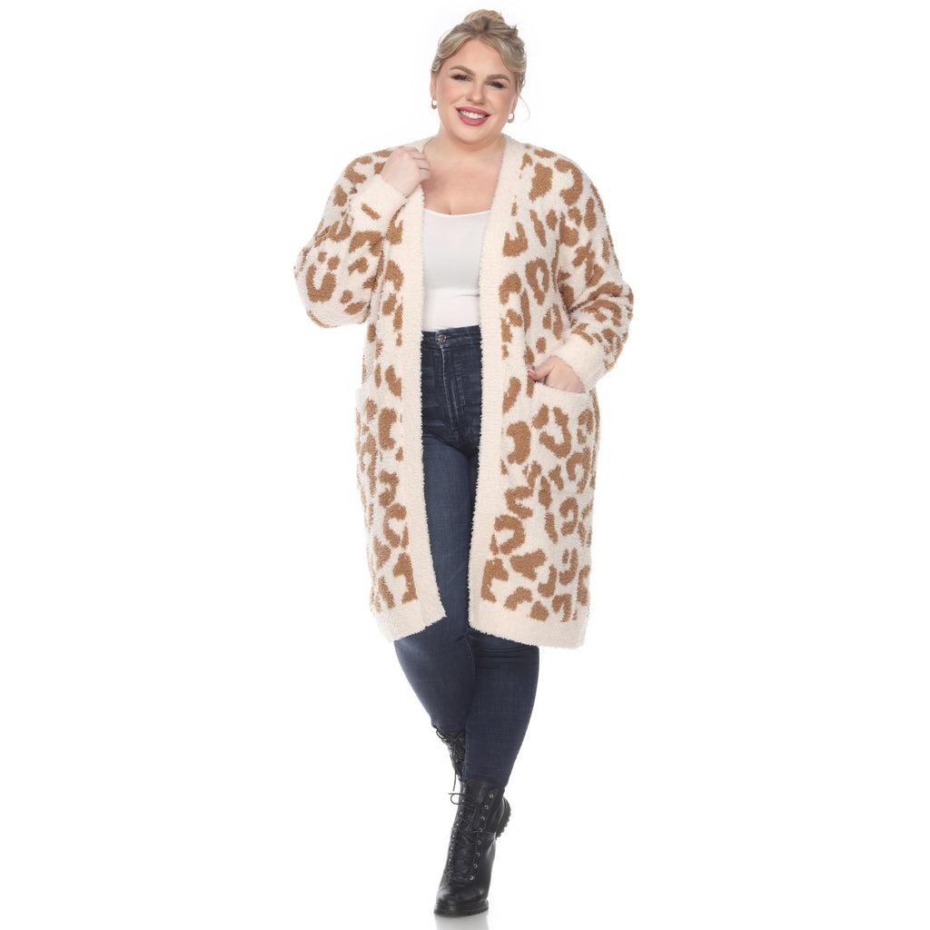 White Mark Women's Leopard Print Open Front Sherpa Coat - Plus