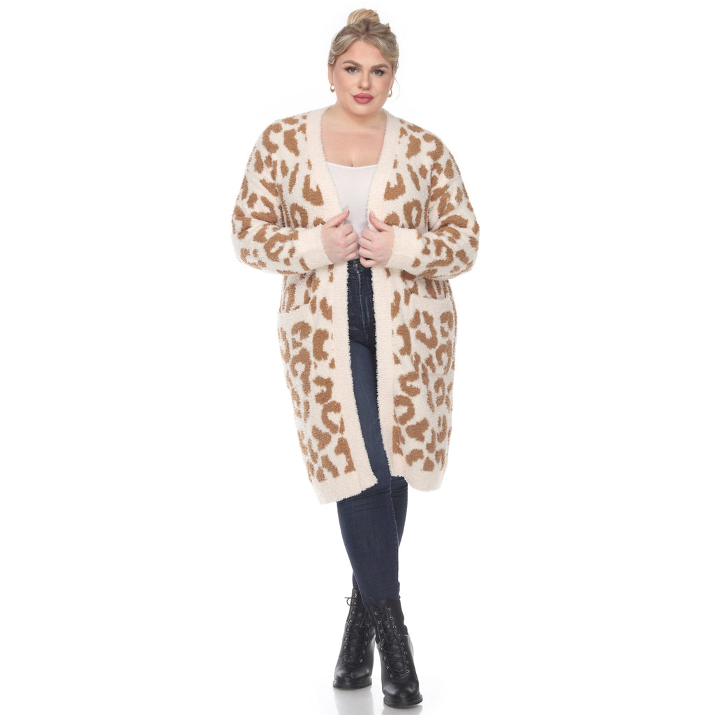 White Mark Women's Leopard Print Open Front Sherpa Coat - Plus