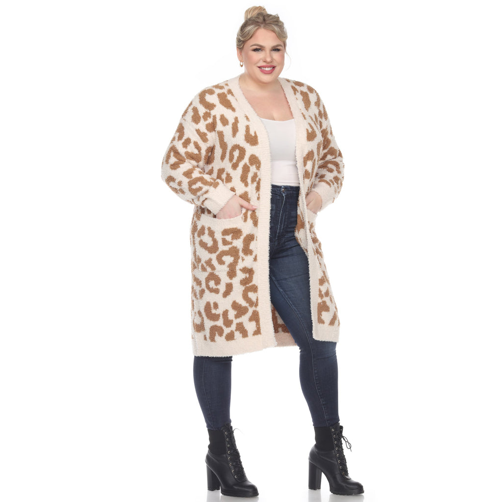 White Mark Women's Leopard Print Open Front Sherpa Coat - Plus