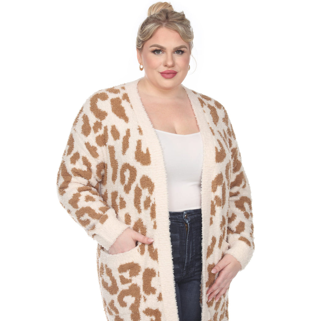 White Mark Women's Leopard Print Open Front Sherpa Coat - Plus