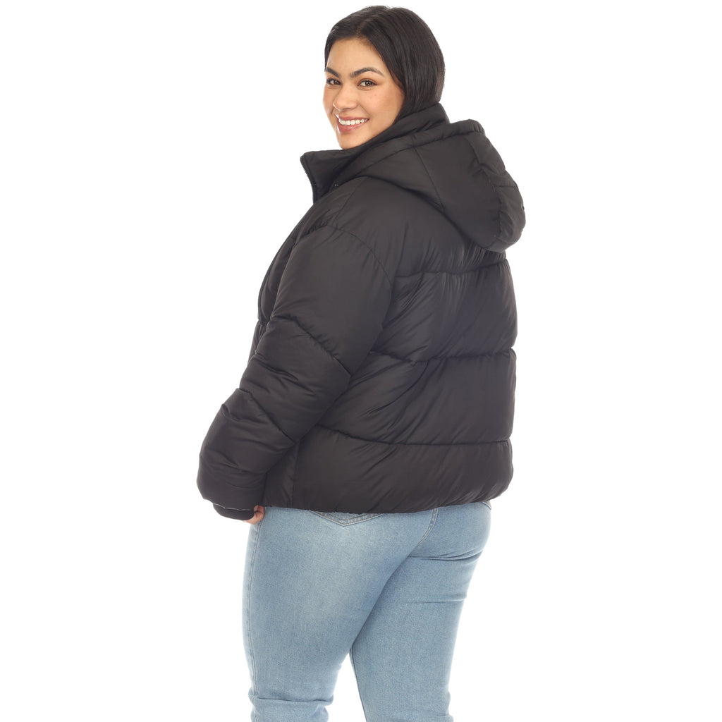 White Mark Women's Full Front Zip Hooded Bomber Puffer Coat - Plus