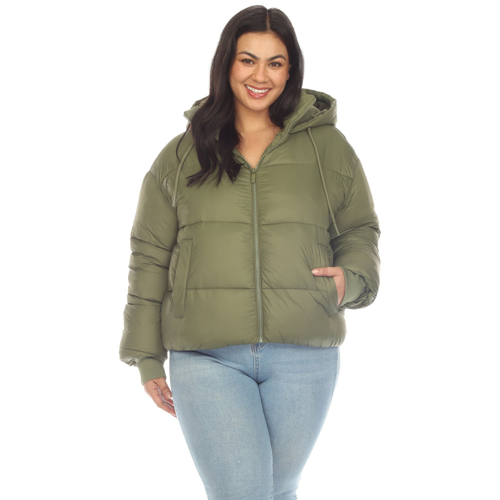 White Mark Women's Full Front Zip Hooded Bomber Puffer Coat - Plus