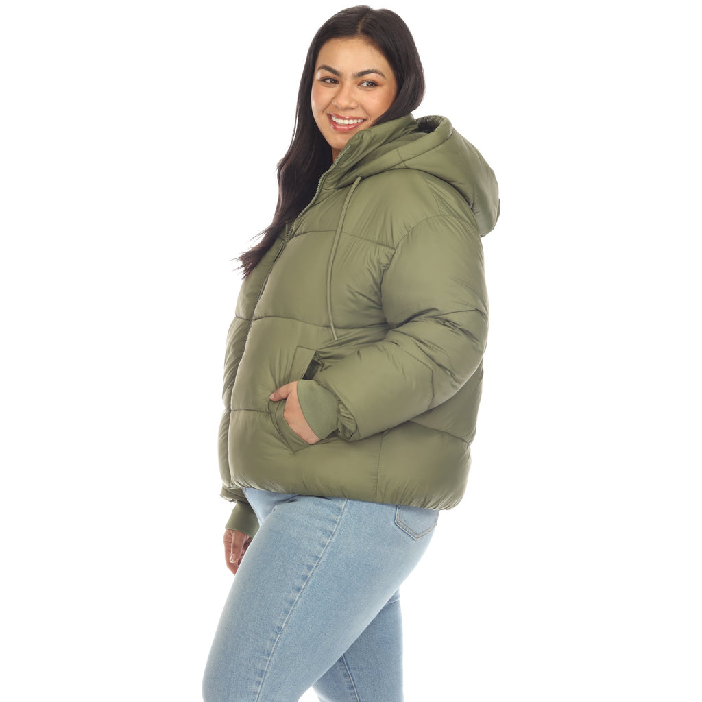 White Mark Women's Full Front Zip Hooded Bomber Puffer Coat - Plus