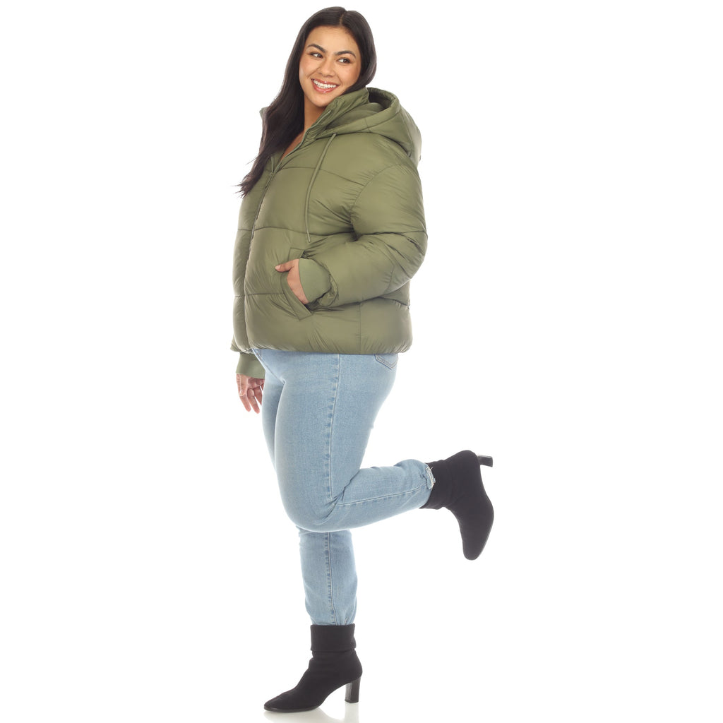 White Mark Women's Full Front Zip Hooded Bomber Puffer Coat - Plus