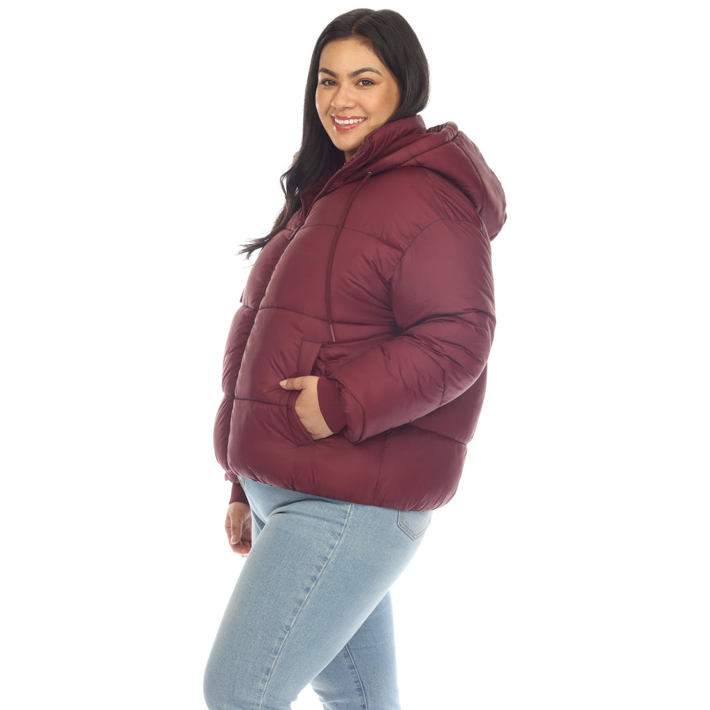 White Mark Women's Full Front Zip Hooded Bomber Puffer Coat - Plus