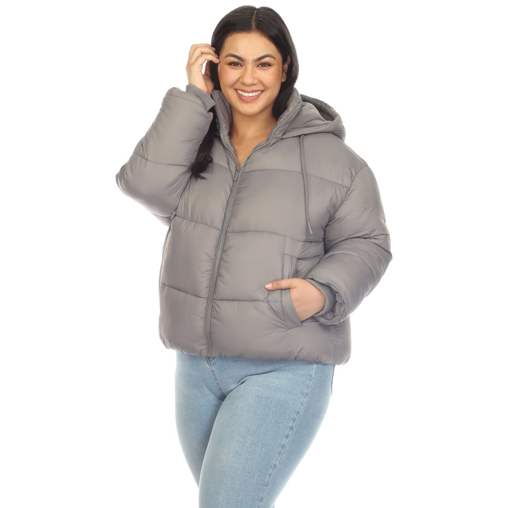 White Mark Women's Full Front Zip Hooded Bomber Puffer Coat - Plus