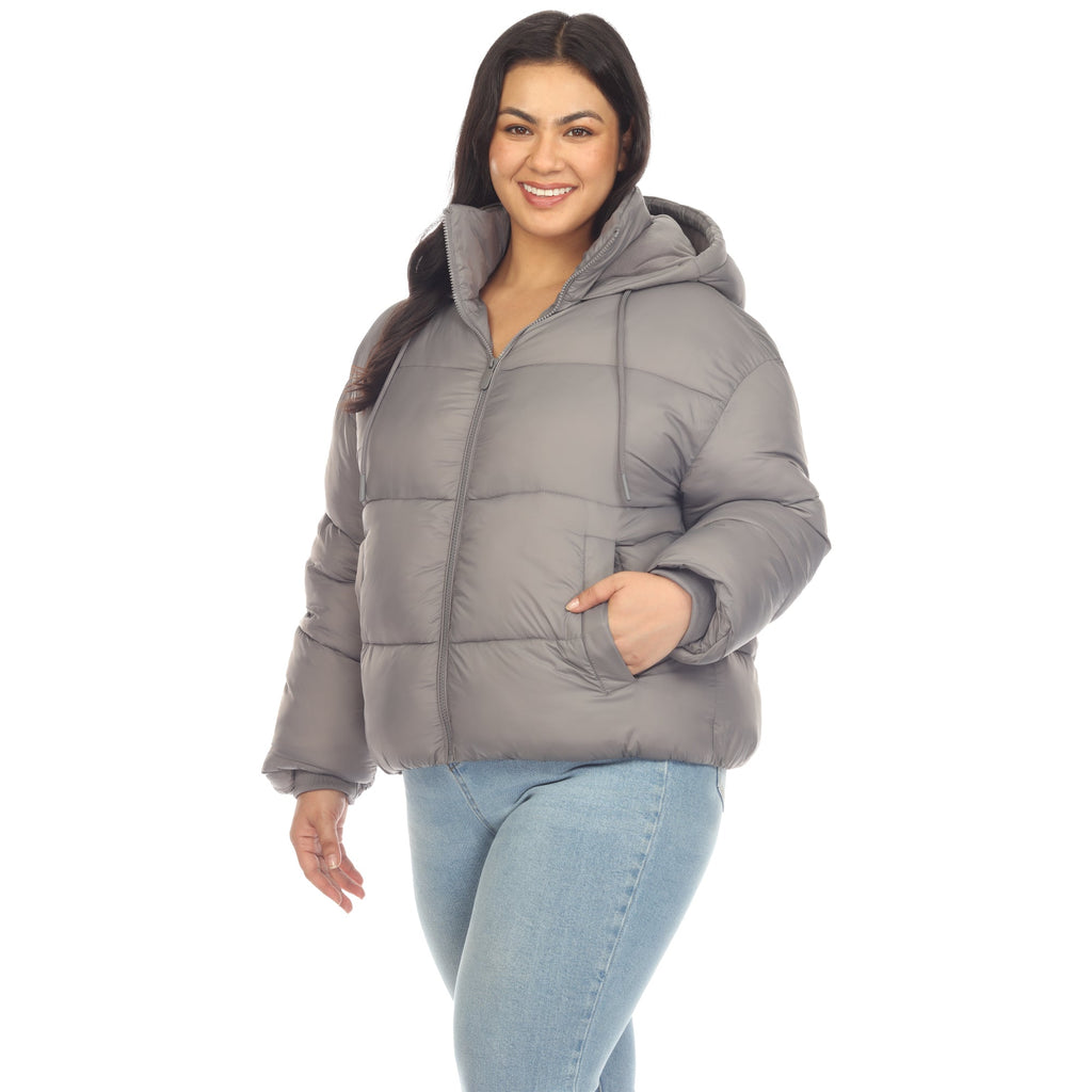 White Mark Women's Full Front Zip Hooded Bomber Puffer Coat - Plus