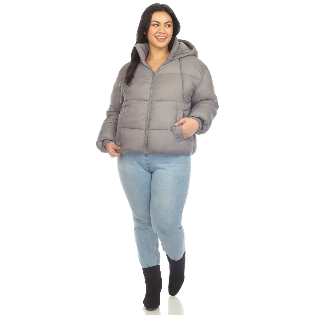 White Mark Women's Full Front Zip Hooded Bomber Puffer Coat - Plus