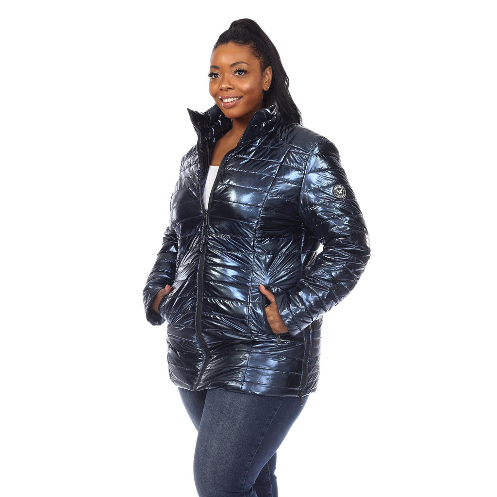 White Mark Women's Metallic Puffer Coat - Plus