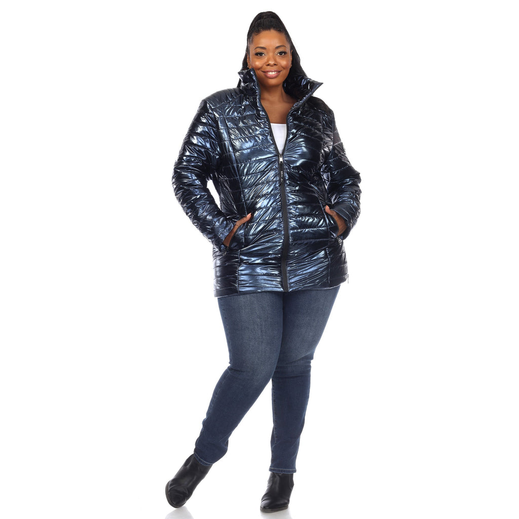 White Mark Women's Metallic Puffer Coat - Plus