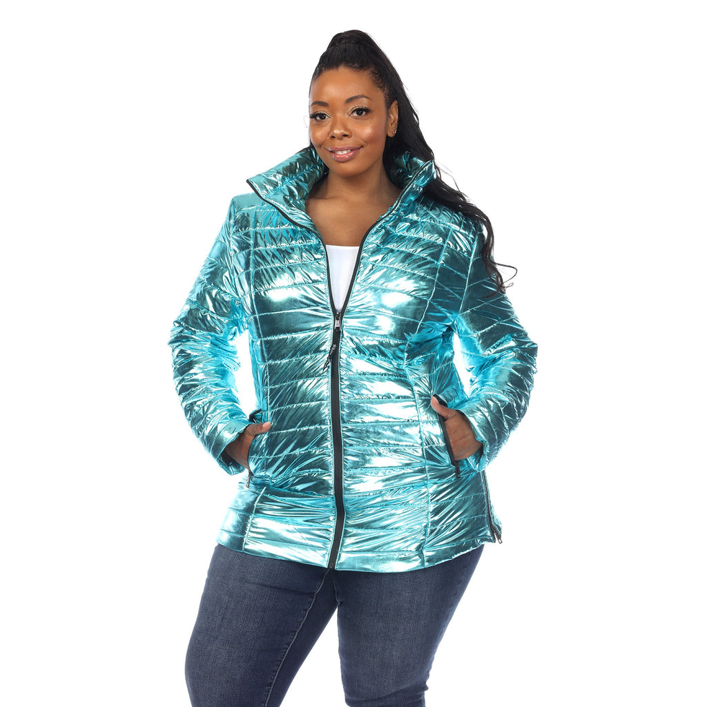 White Mark Women's Metallic Puffer Coat - Plus