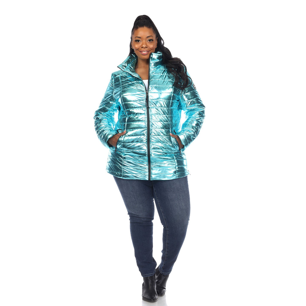 White Mark Women's Metallic Puffer Coat - Plus