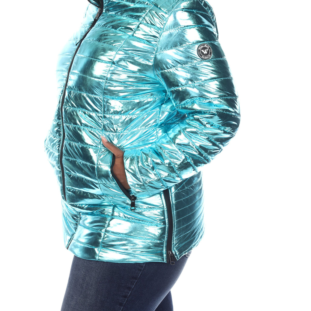 White Mark Women's Metallic Puffer Coat - Plus