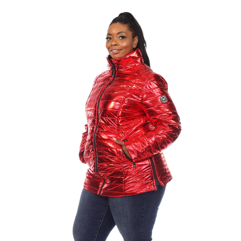 White Mark Women's Metallic Puffer Coat - Plus