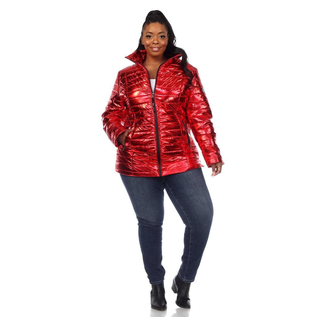 White Mark Women's Metallic Puffer Coat - Plus