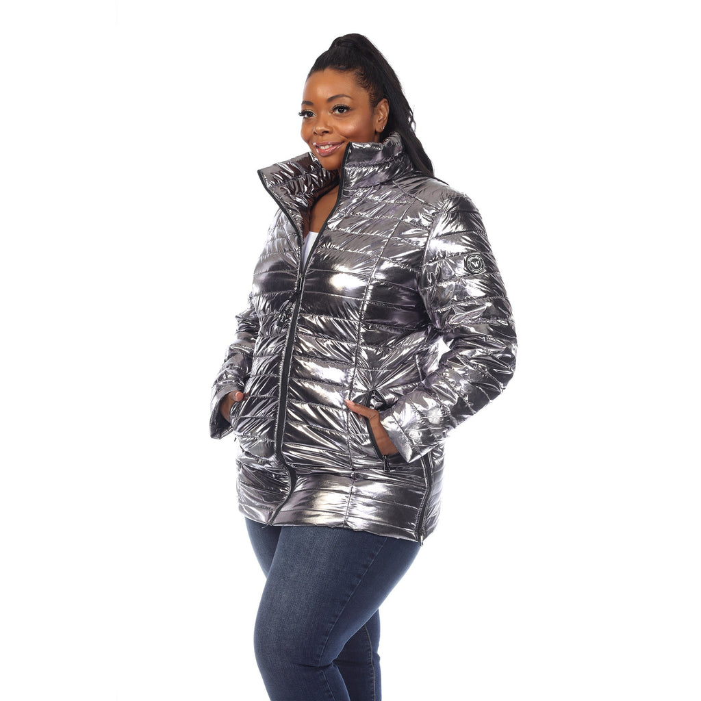 White Mark Women's Metallic Puffer Coat - Plus