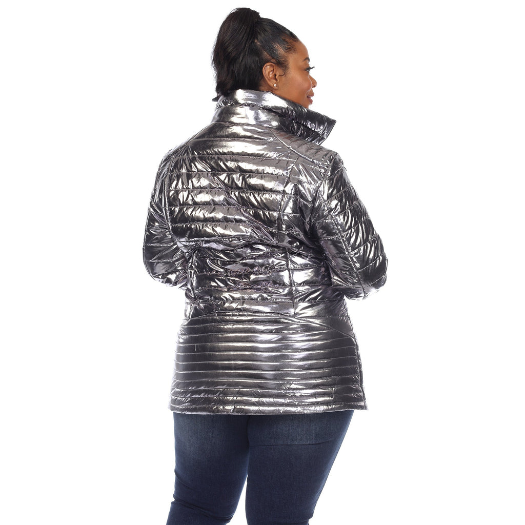 White Mark Women's Metallic Puffer Coat - Plus