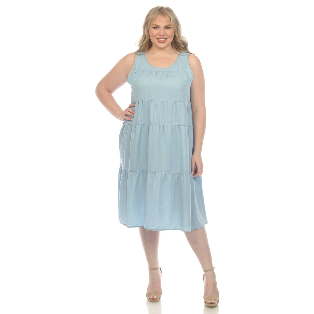 Sleeveless Tiered Chambray Midi Dress - Plus