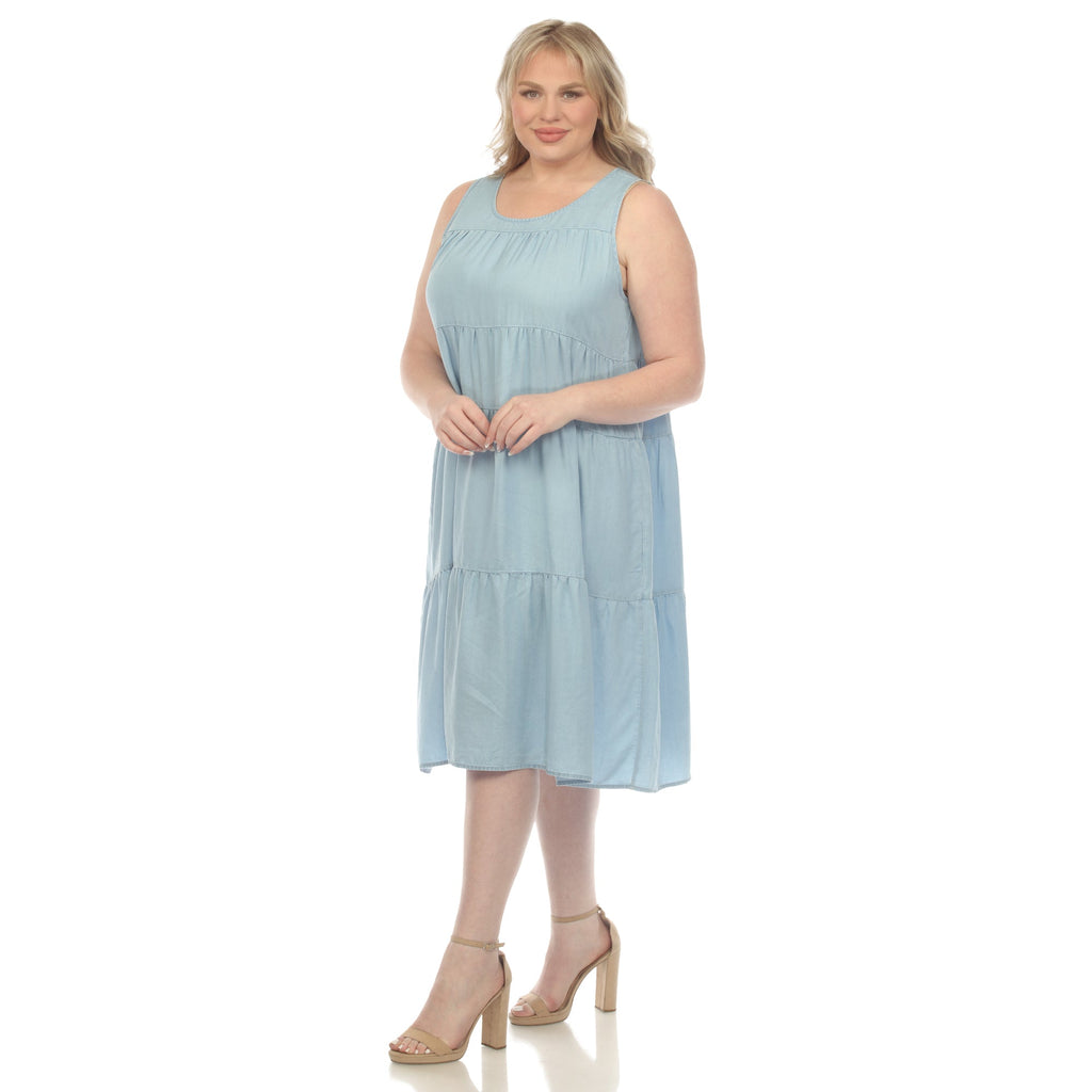 Sleeveless Tiered Chambray Midi Dress - Plus