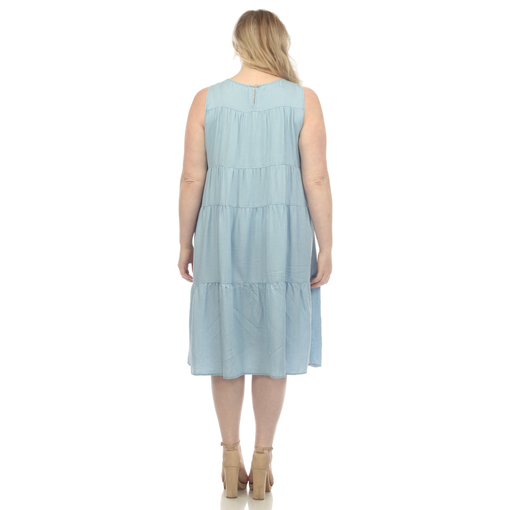 Sleeveless Tiered Chambray Midi Dress - Plus