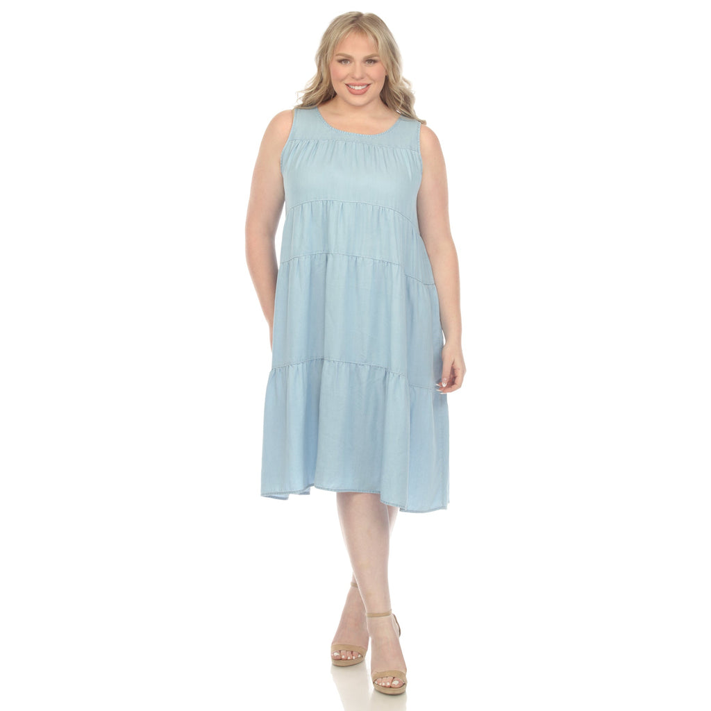 Sleeveless Tiered Chambray Midi Dress - Plus