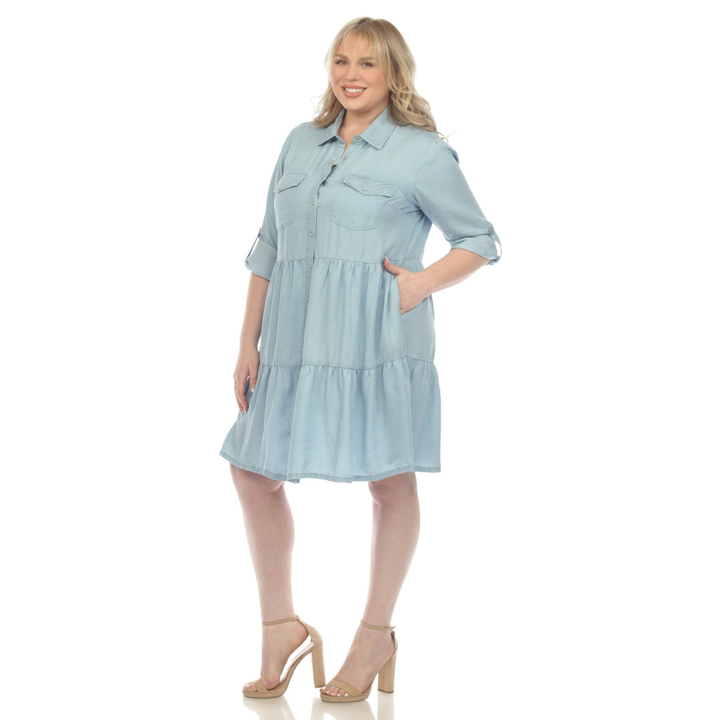 Long Sleeve Tiered Midi Shirt Dress - Plus