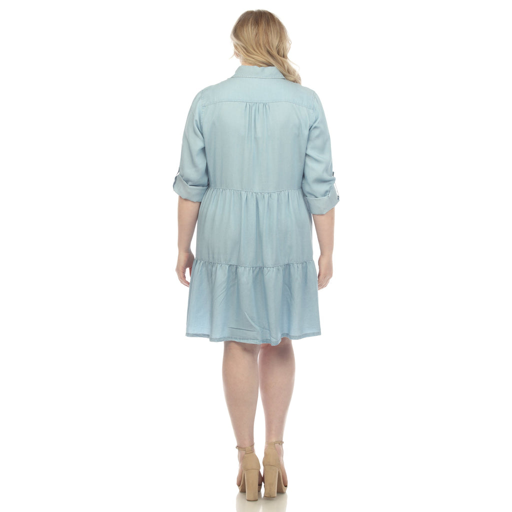 Long Sleeve Tiered Midi Shirt Dress - Plus