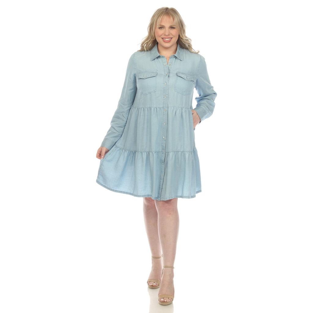 Long Sleeve Tiered Midi Shirt Dress - Plus