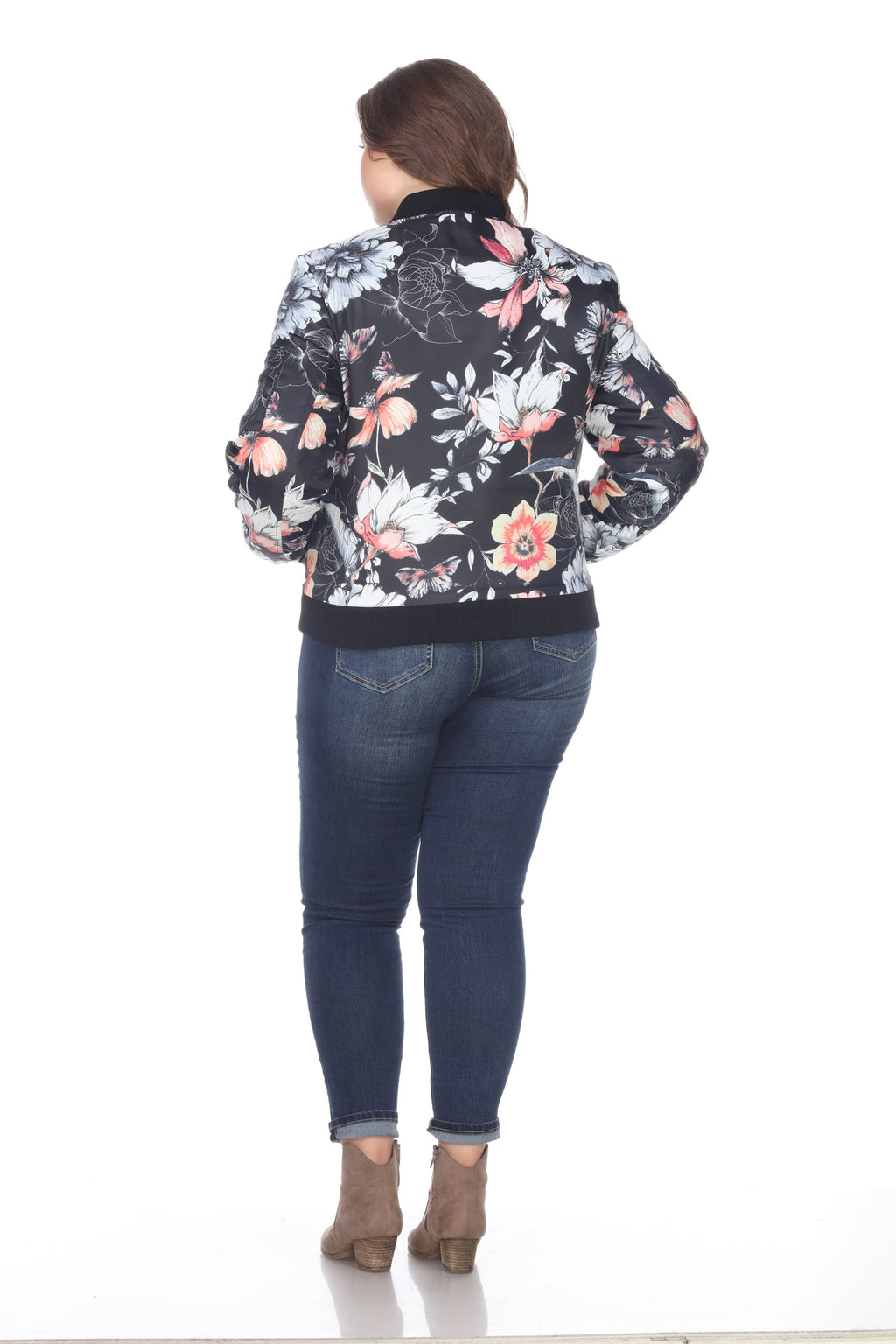 White Mark Women's Floral Bomber Jacket - Plus