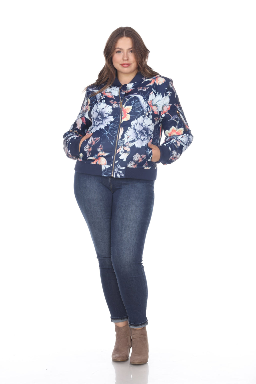 White Mark Women's Floral Bomber Jacket - Plus