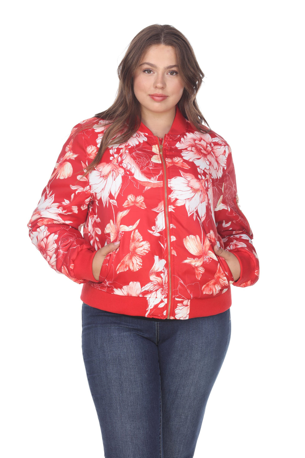 White Mark Women's Floral Bomber Jacket - Plus