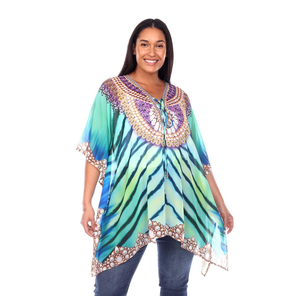 White Mark Women's Short Caftan with Tie-up Neckline - Plus (7 Colors Available)